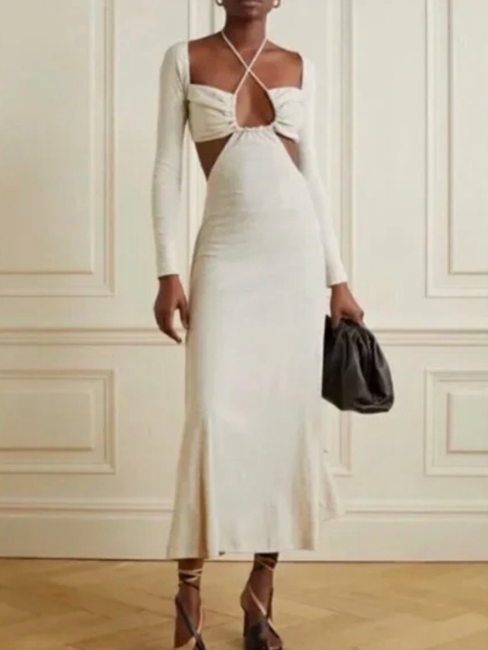 Rosetta Getty Light Gray Cutout Long-Sleeve Midi Dress